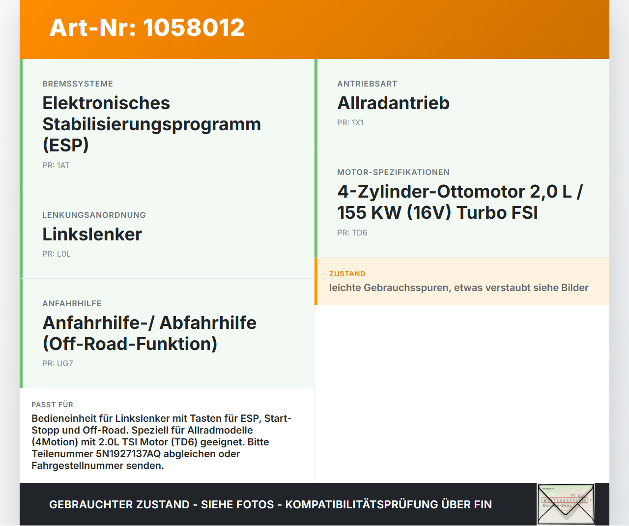 VW Tiguan 5N 11-16 Schalter ESP Off VW Tiguan 5N 11-16 12.12.2012 5N1927137AQ gebraucht Vorschau 3