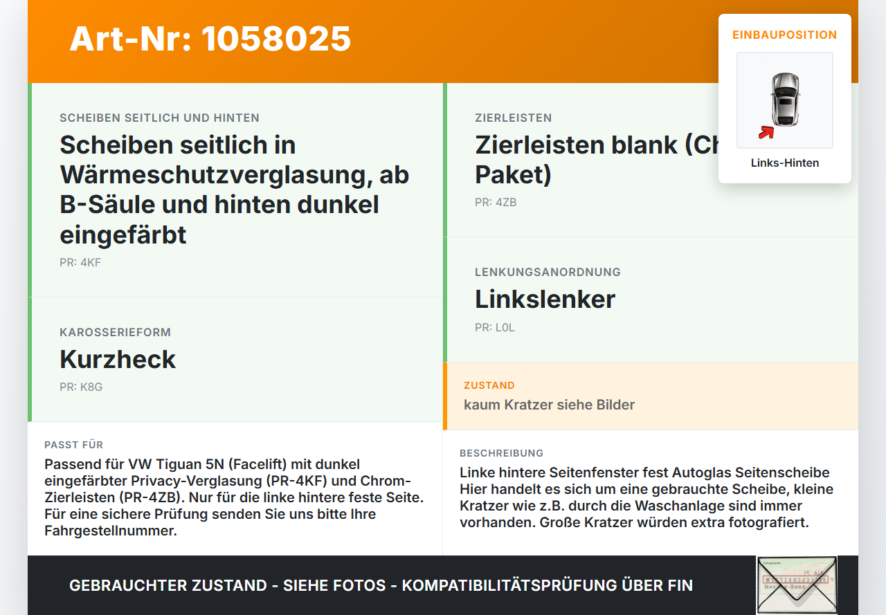 VW Tiguan 5N 11-16 Seitenscheibe Feste Scheibe Hinten Links VW Tiguan 5N 11-16 12.12.2012 5N0845213E gebraucht Vorschau 3