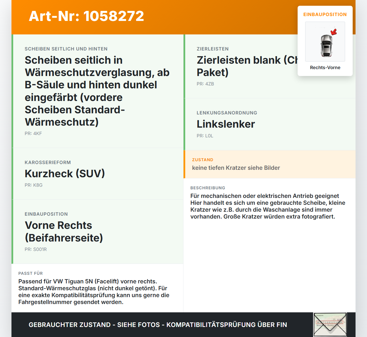 VW Tiguan 5N 11-16 Seitenscheibe Türscheibe für Tür Vorne Rechts VW Tiguan 5N 11-16 12.12.2012 5N0845202 gebraucht Vorschau 3