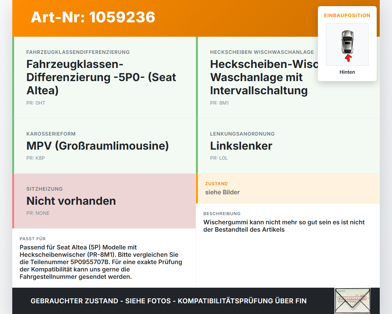 Seat Altea 5P 04-09 Heckwischer Scheibenwischer Hinten Wischarm Seat Altea 5P 04-09 21.11.2007 5P0955707B gebraucht Vorschau 3