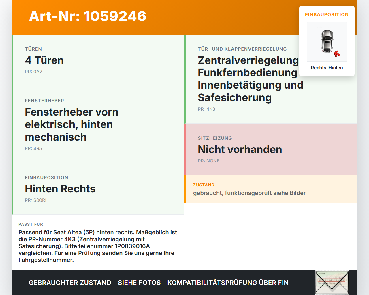 Seat Altea 5P 04-09 Türschloss m. ZV Stellmotor Rechts Hinten Seat Altea 5P 04-09 21.11.2007 1P0839016A 4D5P08791... Vorschau 3