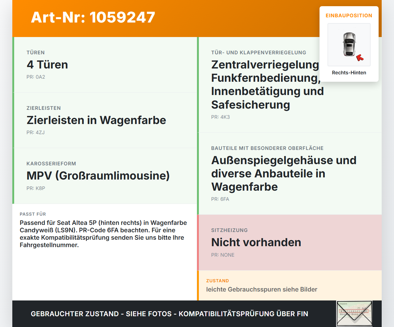 Seat Altea 5P 04-09 Türgriff Griff aussen Rechts Hinten LS9N Seat Altea 5P 04-09 21.11.2007 3B0837207F gebraucht Vorschau 3