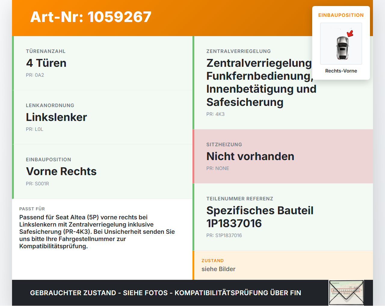 Seat Altea 5P 04-09 Türschloss m. ZV Stellmotor Rechts Vorne Seat Altea 5P 04-09 21.11.2007 1P1837016 gebraucht Vorschau 3