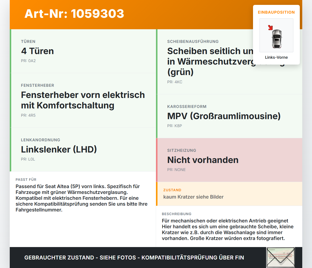Seat Altea 5P 04-09 Seitenscheibe für Tür Türscheibe Links Vorne Seat Altea 5P 04-09 21.11.2007 5P0845201 gebraucht Vorschau 3