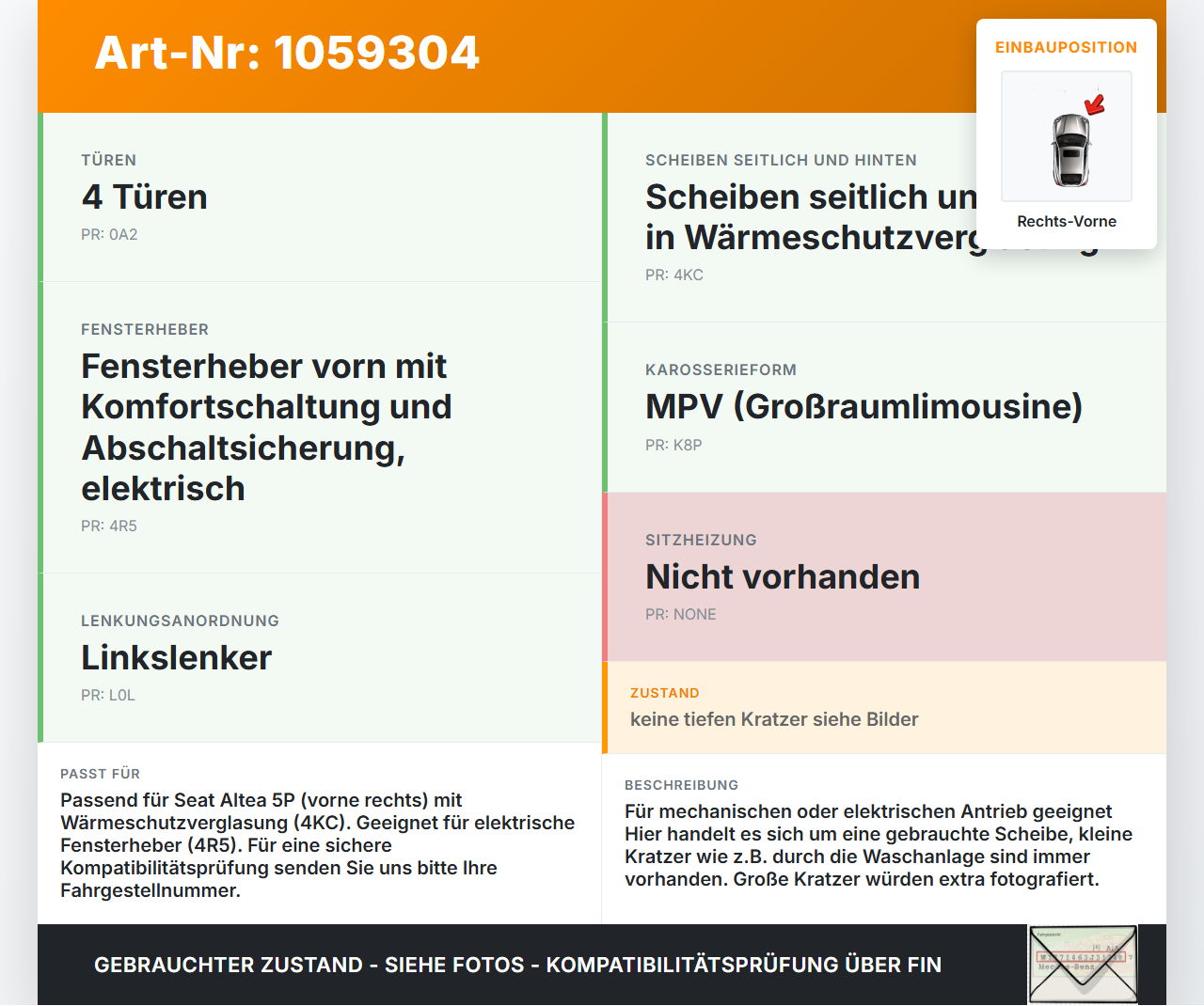 Seat Altea 5P 04-09 RVK Seitenscheibe für Tür Türscheibe Rechts Vorne Seat Altea 5P 04-09 21.11.2007 5P0845202 gebraucht Vorschau 3