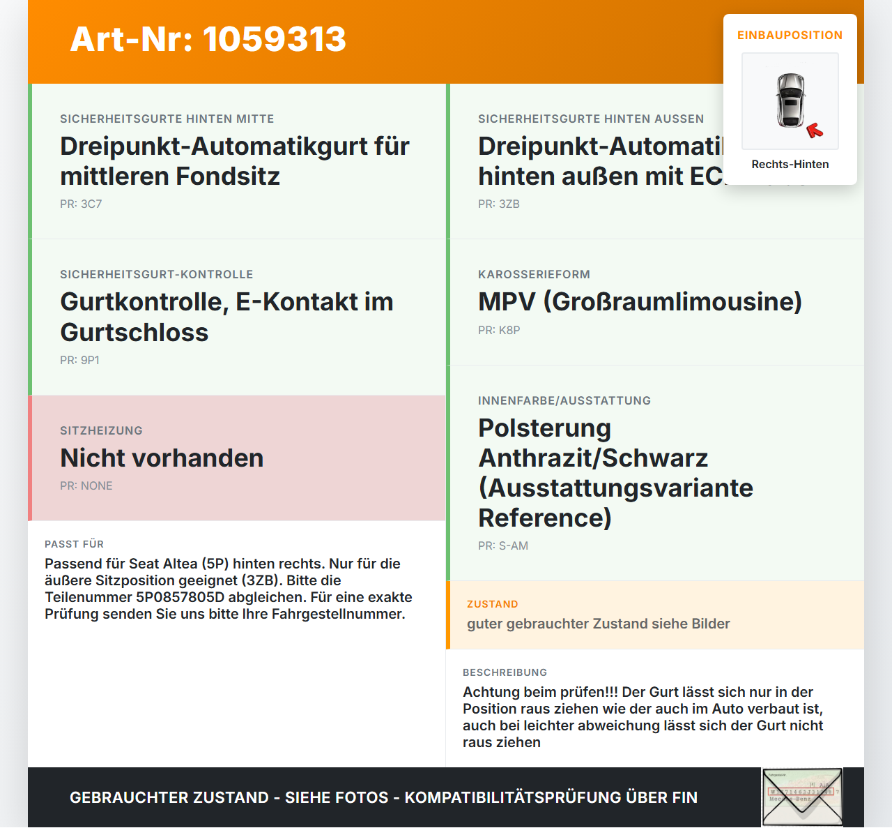 Seat Altea 5P 04-09 Gurt Sicherheitsgurt Rechts Hinten Seat Altea 5P 04-09 21.11.2007 5P0857805D 5P0857805DRAA... Vorschau 3