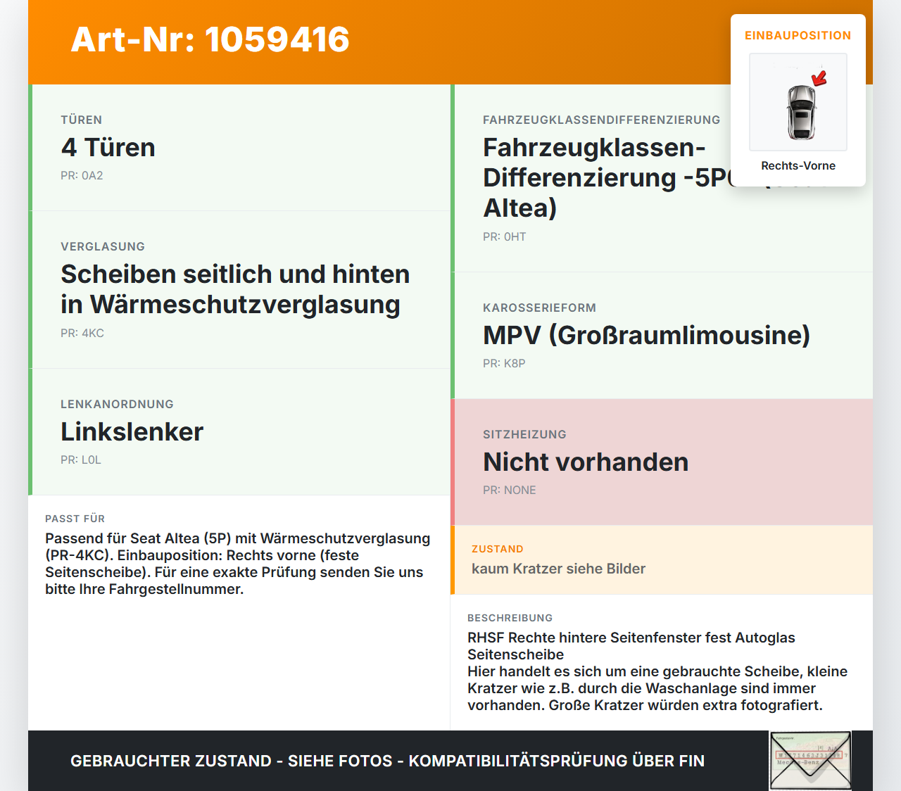 Seat Altea 5P 04-09 Seitenscheibe Feste Scheibe Rechts Vorne Seat Altea 5P 04-09 21.11.2007 5P0845412C M23100 gebraucht Vorschau 3