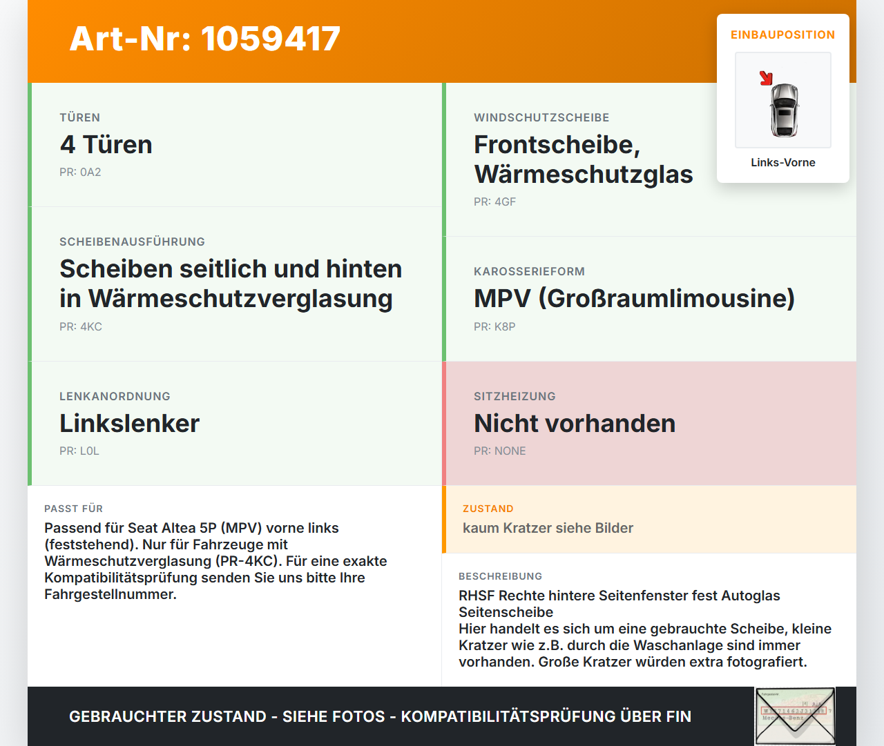 Seat Altea 5P 04-09 Seitenscheibe Feste Scheibe Links Vorne Seat Altea 5P 04-09 21.11.2007 5P0845411C gebraucht Vorschau 3