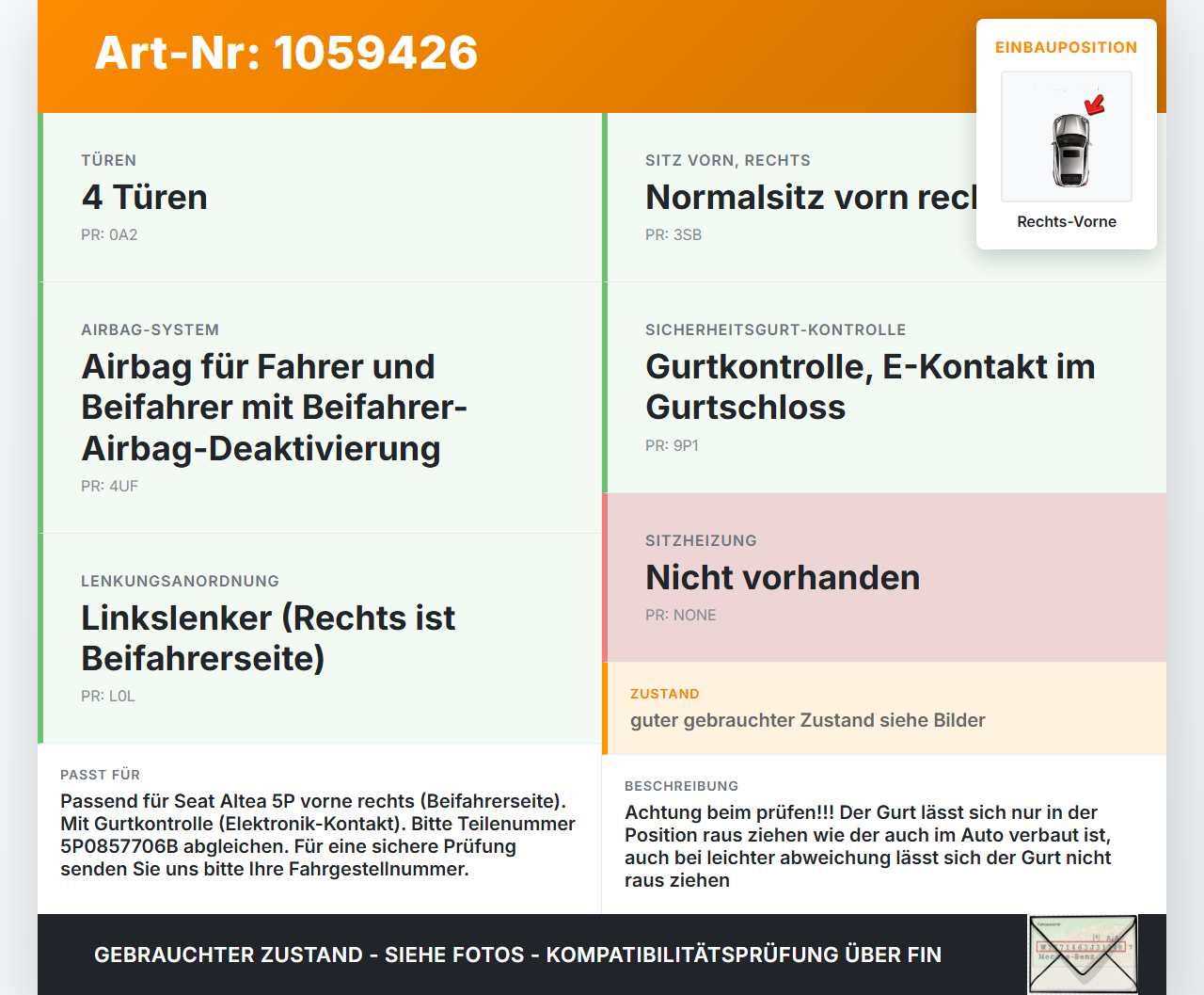 Seat Altea 5P 04-09 Gurt Sicherheitsgurt Rechts Vorne Seat Altea 5P 04-09 21.11.2007 5P0857706B RAA ZAer4mp gebraucht Vorschau 3