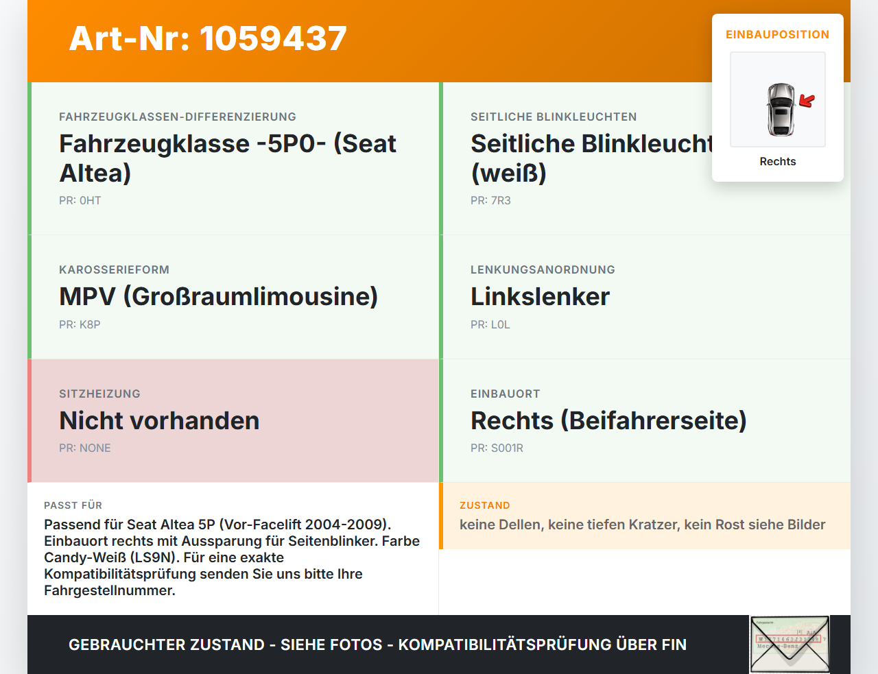 Seat Altea 5P 04-09 Kotflügel Rechts LS9N Seat Altea 5P 04-09 21.11.2007 5P0821022A gebraucht Vorschau 3