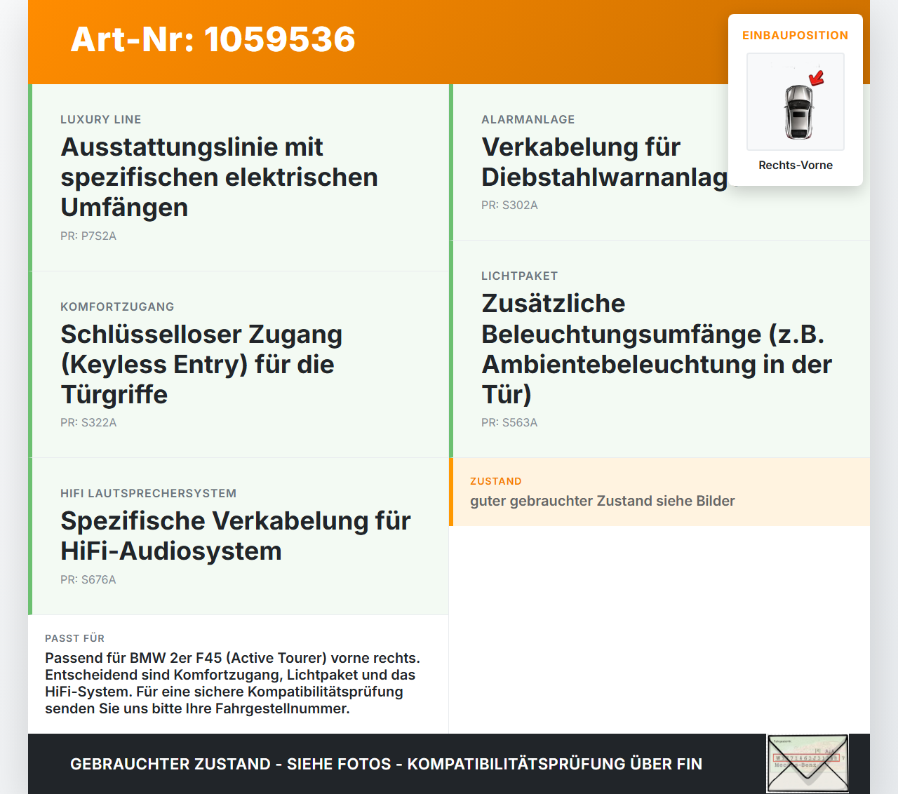 BMW 218i F45 14-18 Kabelbaum Tür Rechts Vorne BMW 218i F45 14-18 17.07.2017 8797518 61128797518 9389317-01... Vorschau 3