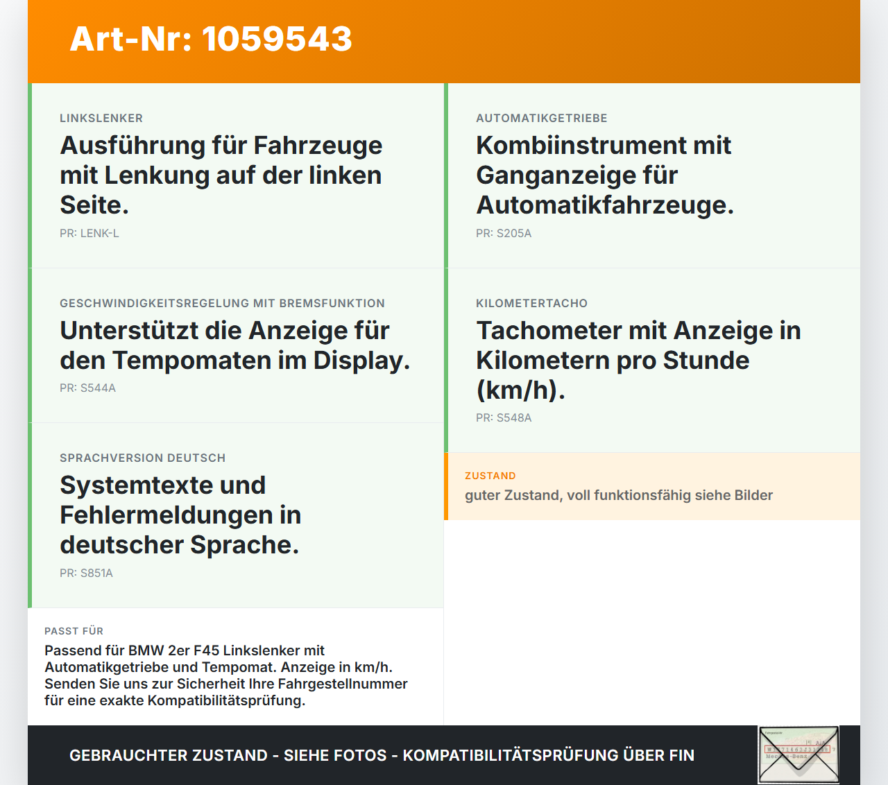 BMW 218i F45 14-18 1,5 100KW Kombiinstrument Tacho Instrumententafel BMW 218i F45 14-18 17.07.2017 8794205... Vorschau 3