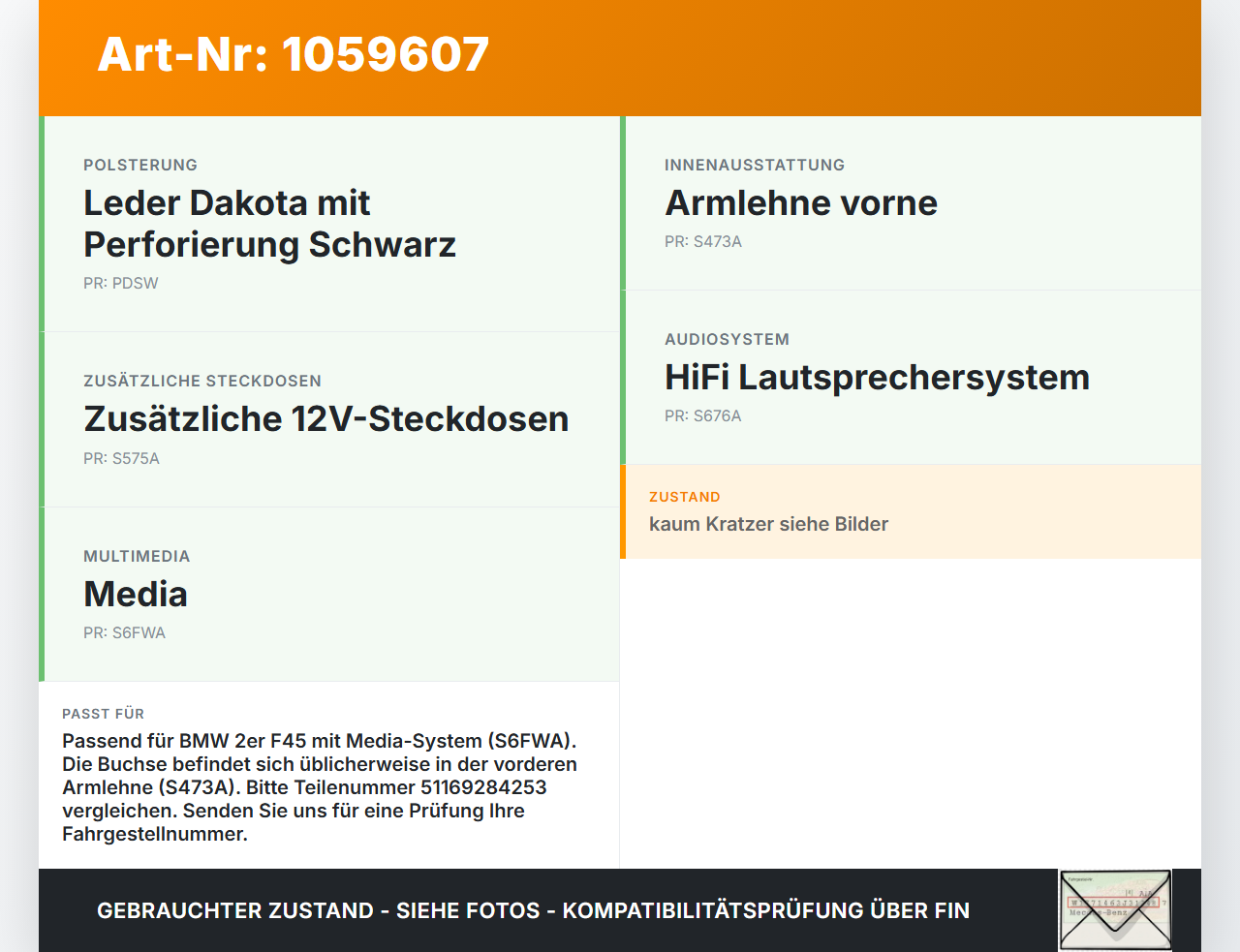 BMW 218i F45 14-18 USB AUX-IN Anschluss Buchse BMW 218i F45 14-18 17.07.2017 51169284253 9284253 1303038 gebraucht Vorschau 3