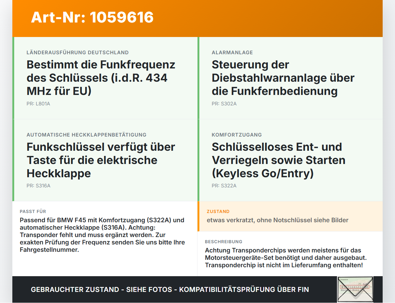 BMW 218i F45 14-18 Funkschlüssel Fernbedienung Autoschlüssel BMW 218i F45 14-18 17.07.2017 2556076 66125A56076 gebraucht Vorschau 3