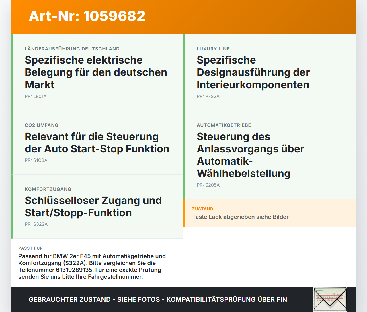 BMW 218i F45 14-18 Schalter Start Stop On Off Anlassschalter BMW 218i F45 14-18 17.07.2017 9289135 61319289135... Vorschau 3