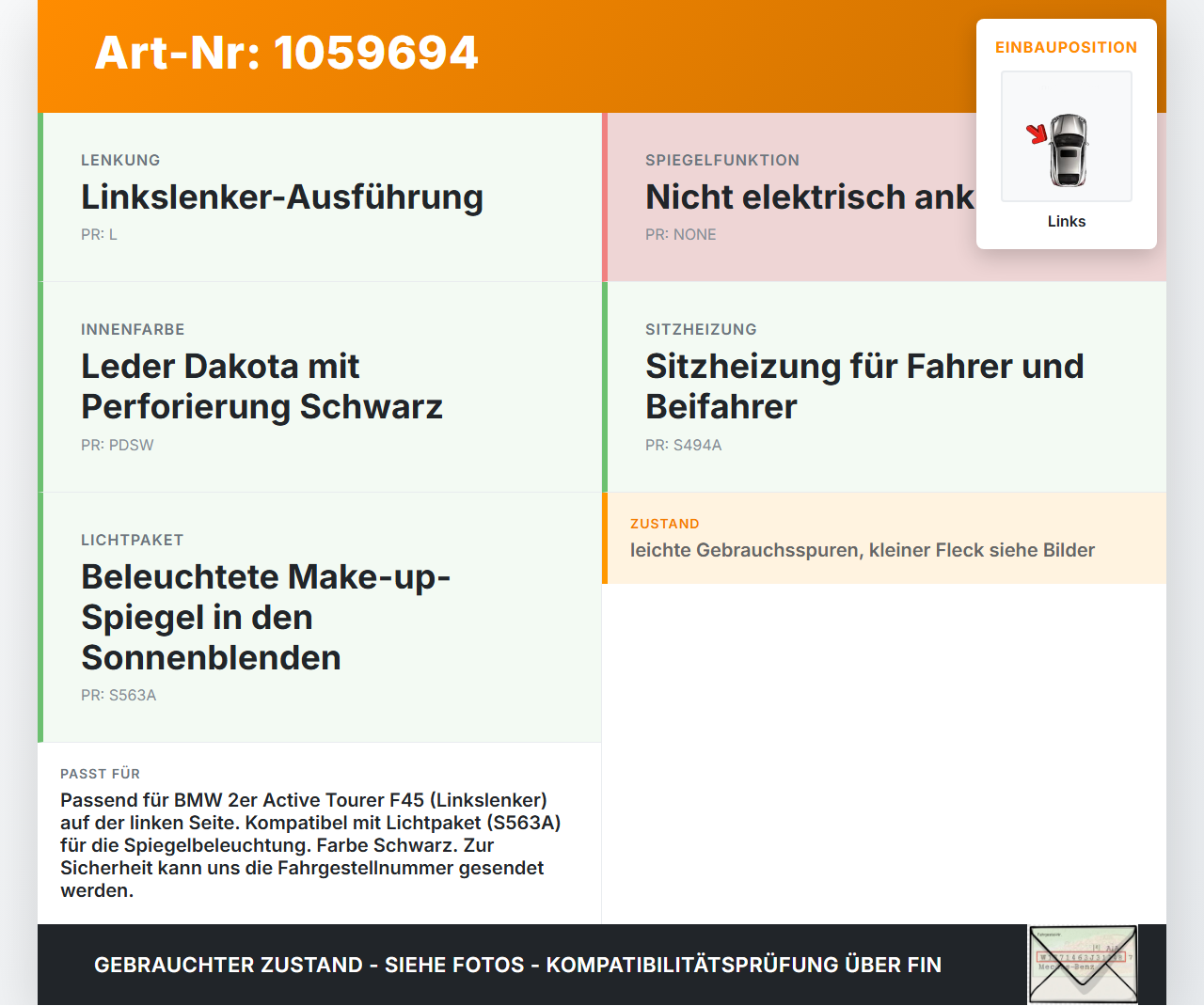 BMW 218i F45 14-18 Sonnenblende mit Spiegel Links BMW 218i F45 14-18 17.07.2017 7336257 51167336257 gebraucht Vorschau 3