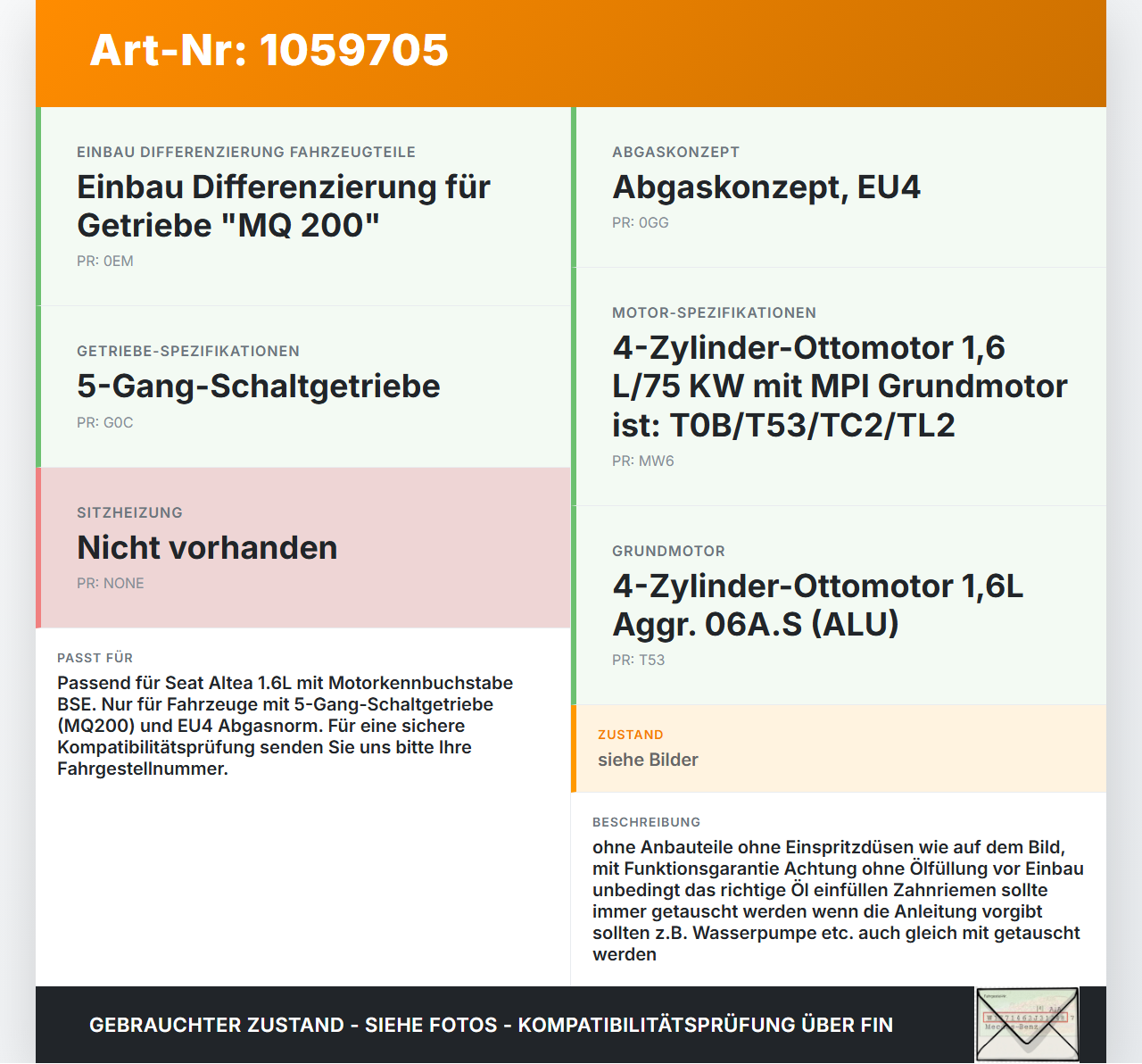 Seat Altea 5P 04-09 1,6 75KW BSE Motor Triebwerk Seat Altea 5P 04-09 21.11.2007 06A100043P gebraucht Vorschau 3