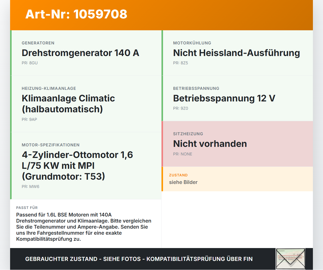 Seat Altea 5P 04-09 1,6 75KW Lichtmaschine Generator 140A 14V Seat Altea 5P 04-09 21.11.2007 06F903023F 0124525091... Vorschau 3