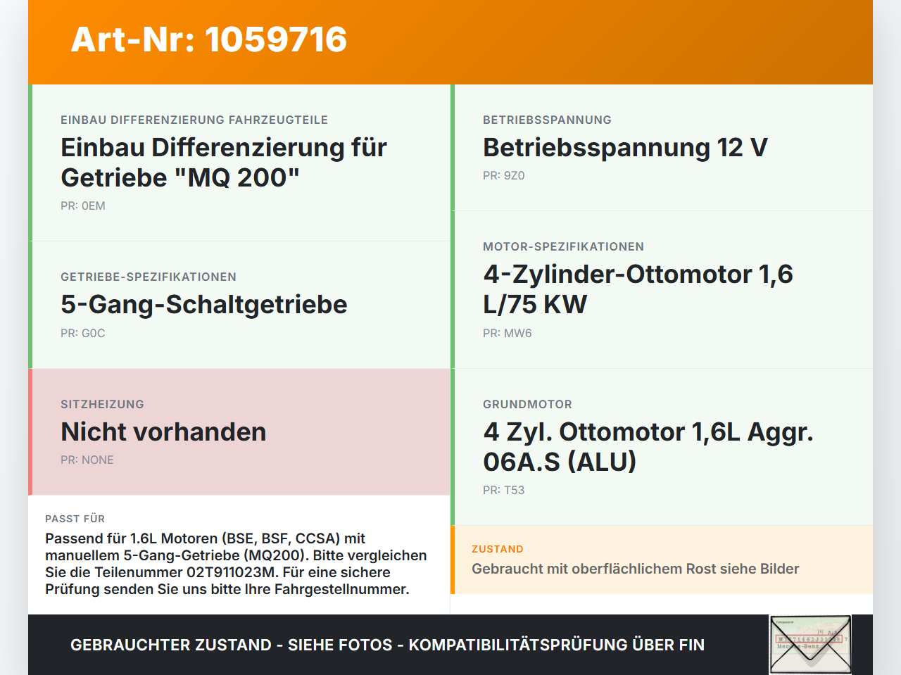 Seat Altea 5P 04-09 1,6 75KW Anlasser Starter Seat Altea 5P 04-09 21.11.2007 02T911023M 0001120408 gebraucht Vorschau 3