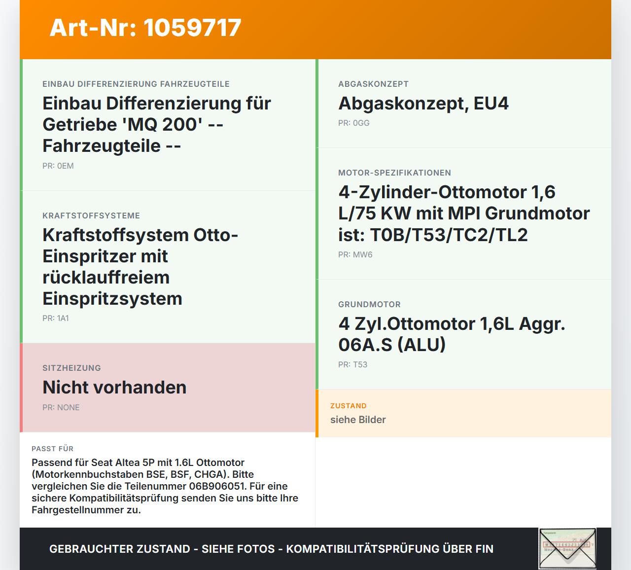 Seat Altea 5P 04-09 1,6 75KW Luftdruck MAP Sensor Seat Altea 5P 04-09 21.11.2007 06B906051 0261230031 gebraucht Vorschau 3