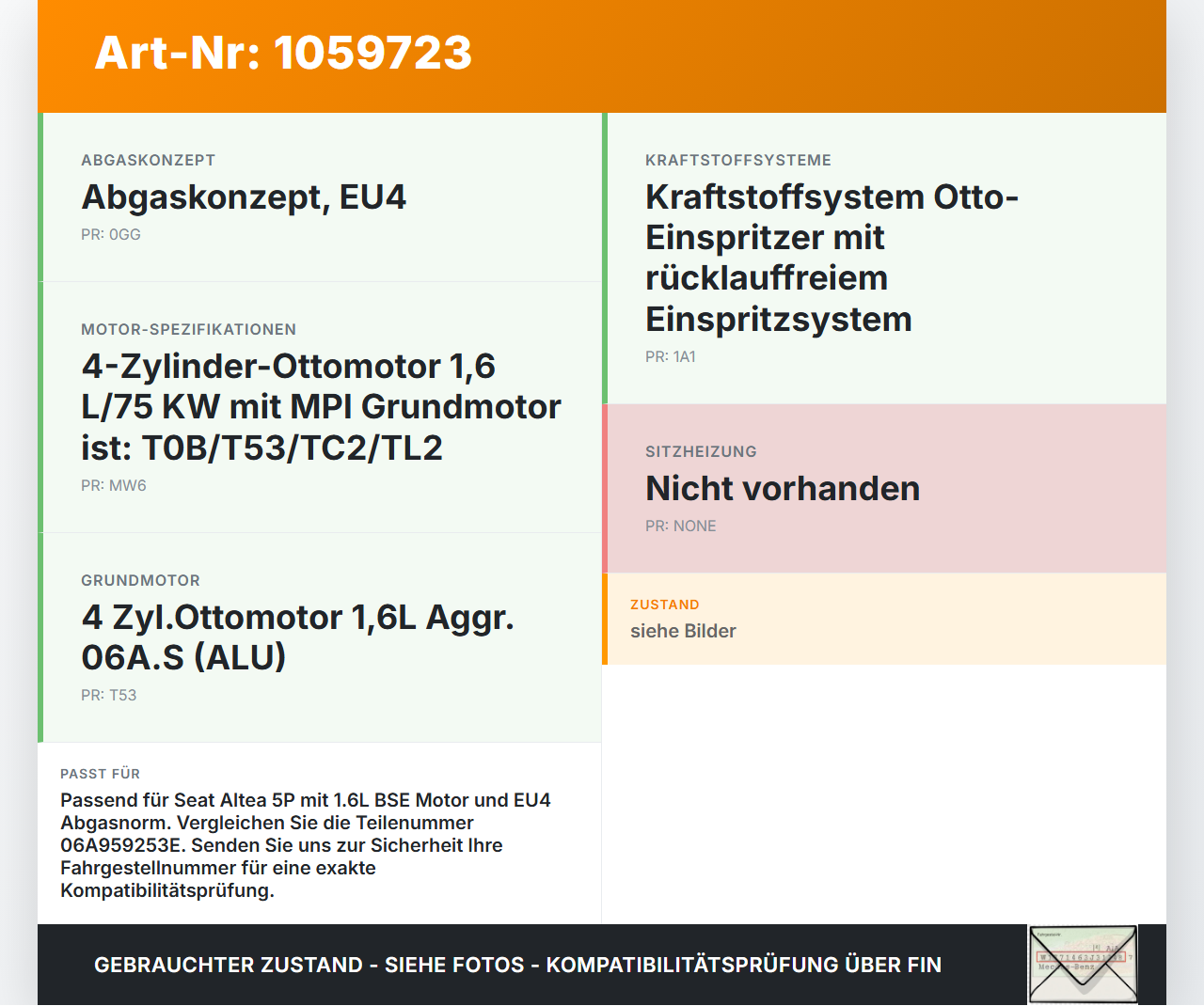 Seat Altea 5P 04-09 1,6 75KW Sekundärluftpumpe Luftpumpe Pumpe Seat Altea 5P 04-09 21.11.2007 06A959253E 7.22738.13... Vorschau 3