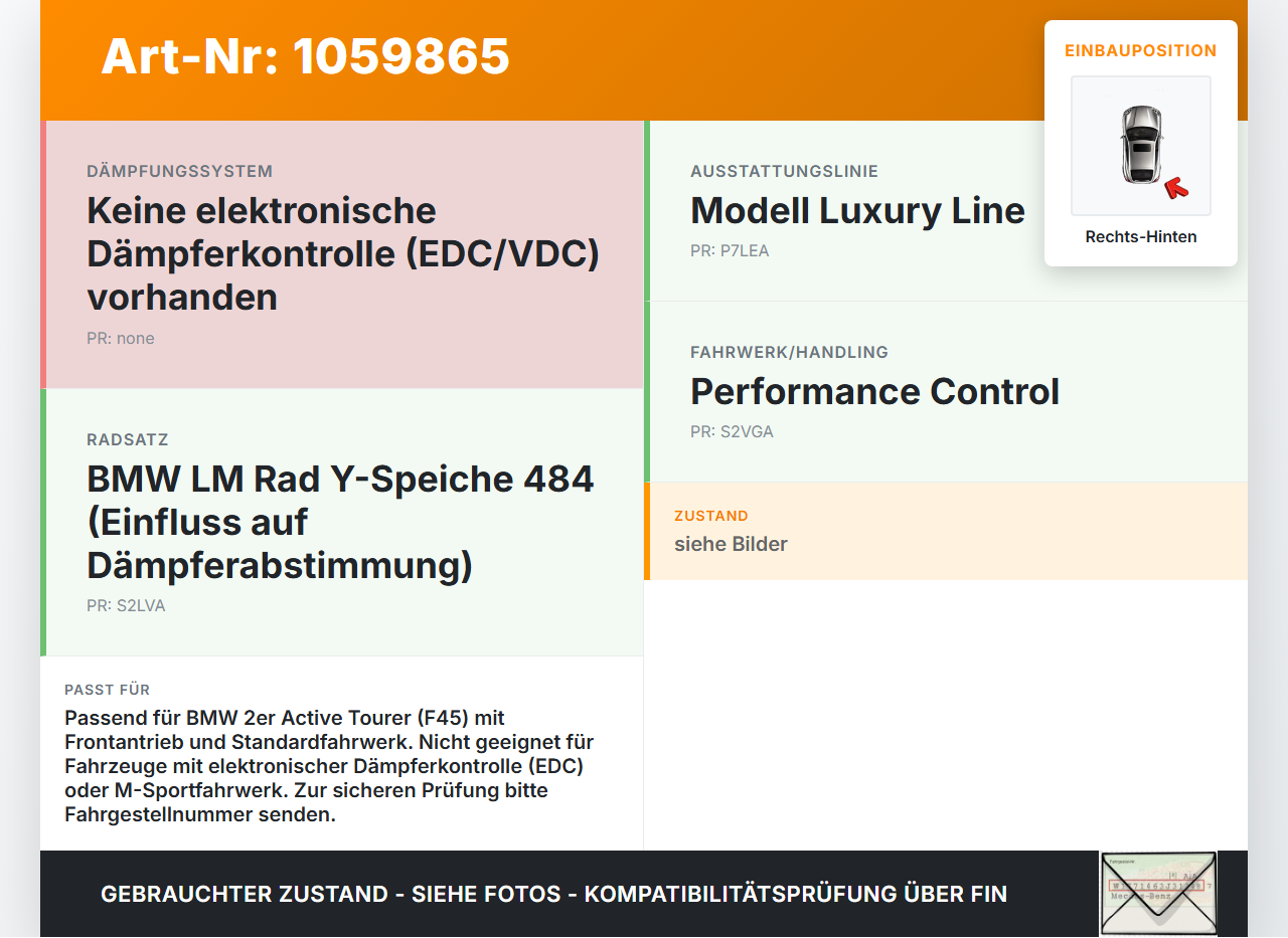 BMW 218i F45 14-18 Stoßdämpfer mit Domlager Rechts Hinten BMW 218i F45 14-18 17.07.2017 6887329 33506887329... Vorschau 3