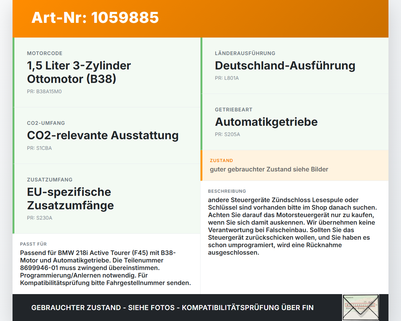 BMW 218i F45 14-18 1,5 100KW Motorsteuergerät ECU DME BMW 218i F45 14-18 17.07.2017 8674258 12148674258 8699946-01... Vorschau 3