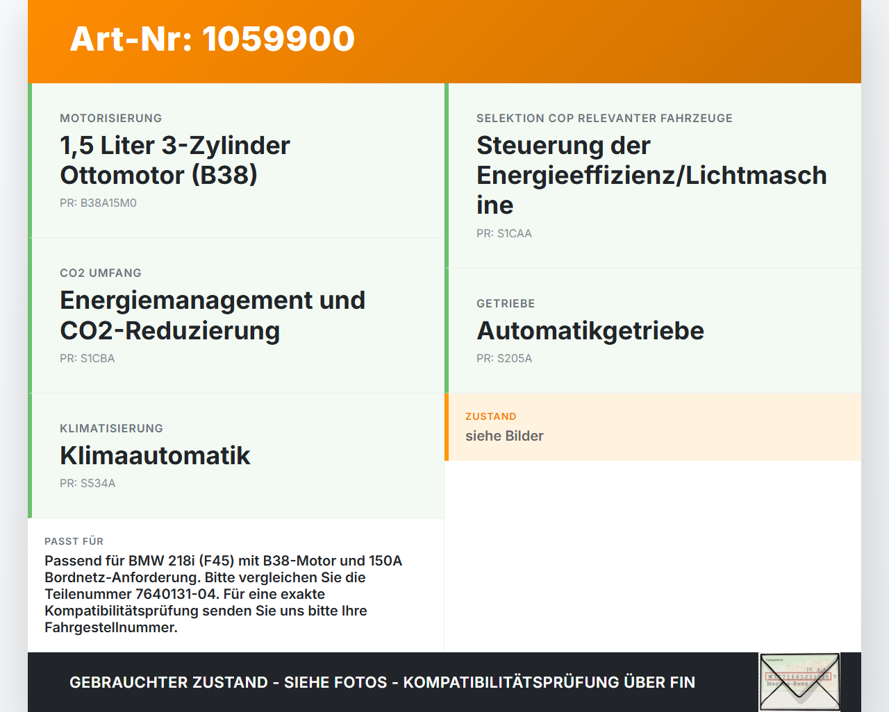 BMW 218i F45 14-18 1,5 100KW Lichtmaschine Generator 150A BMW 218i F45 14-18 17.07.2017 7640875 12317640875... Vorschau 3