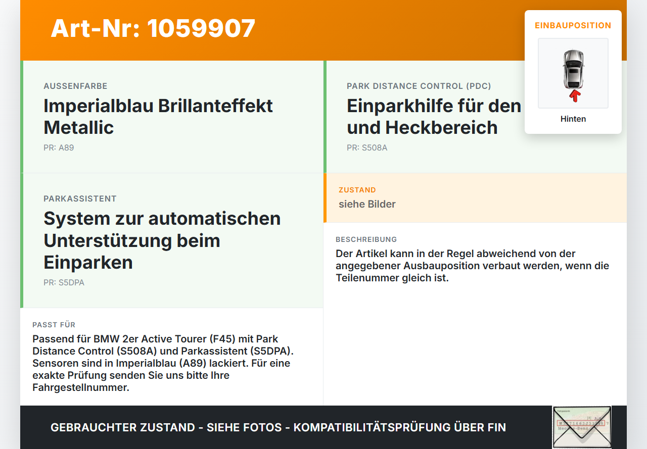 BMW 218i F45 14-18 4x PDC Sensor Parksensor Einparkhilfe Hinten BMW 218i F45 14-18 17.07.2017 9283760 66209283760... Vorschau 3