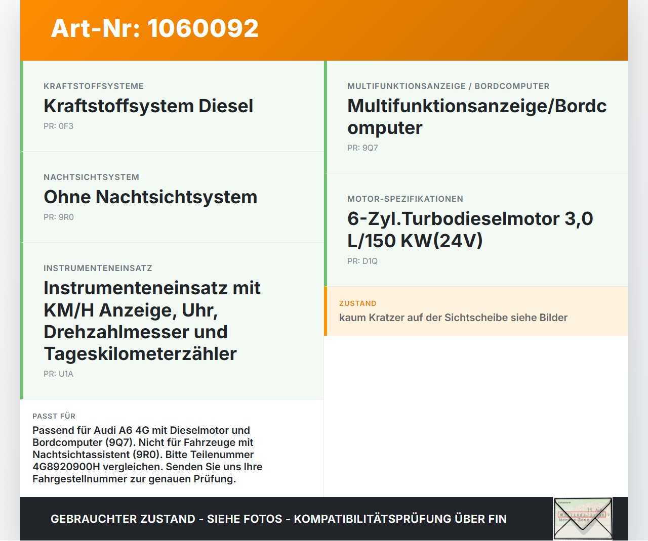 Audi A6 4G 11-14 3,0 150KW Kombiinstrument Tacho Audi A6 4G 11-14 11.04.2012 4G8920900H 0263678022 gebraucht Vorschau 3