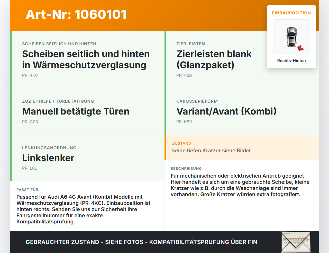 Audi A6 4G 11-14 Kombi RHK Seitenscheibe für Tür Türscheibe Rechts Hinten Audi A6 4G 11-14 11.04.2012 4G9845206... Vorschau 3