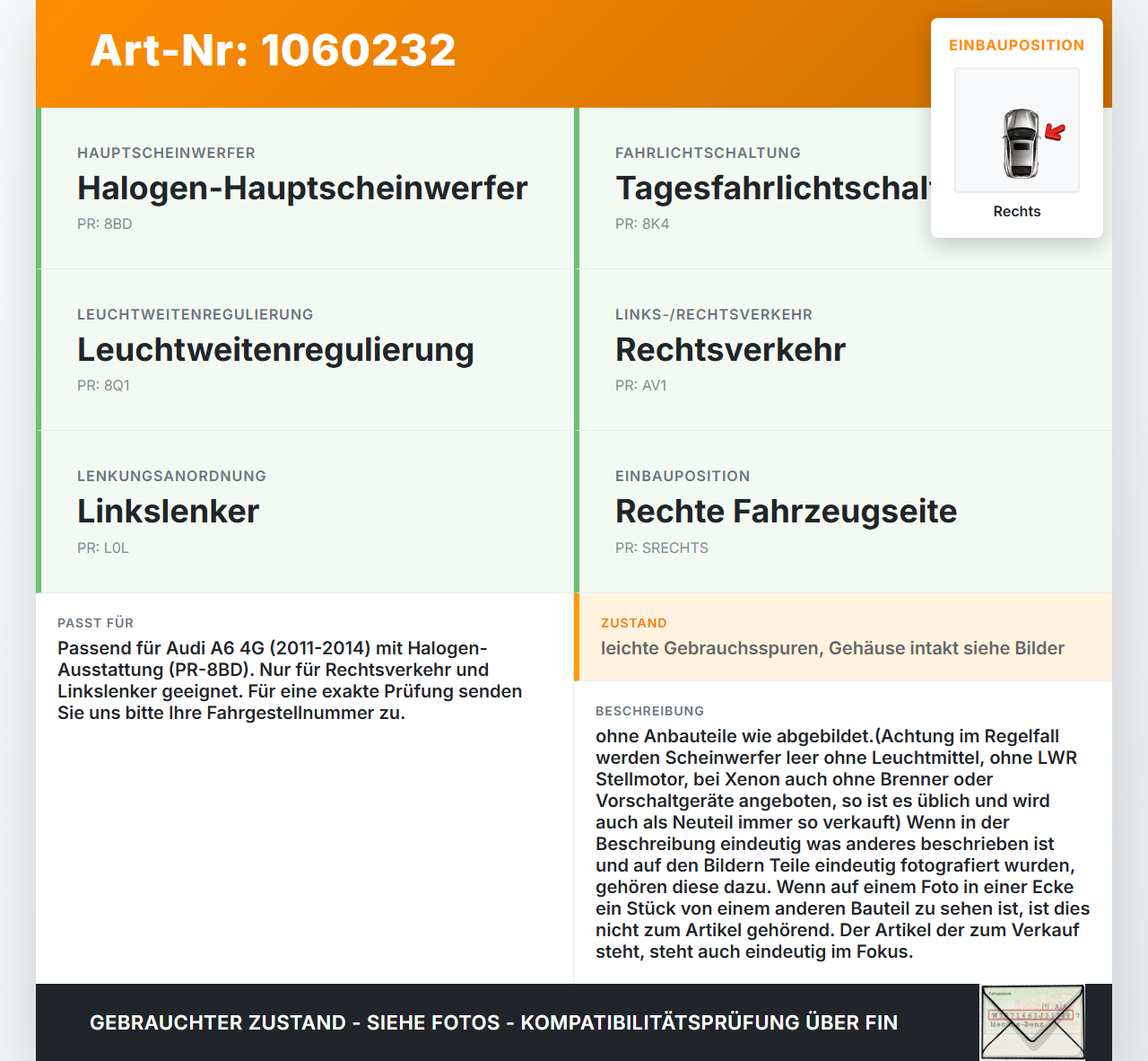 Audi A6 4G 11-14 Halogen Scheinwerfer Frontscheinwerfer Rechts Audi A6 4G 11-14 11.04.2012 4G0941004M 1EJ011149-02... Vorschau 3