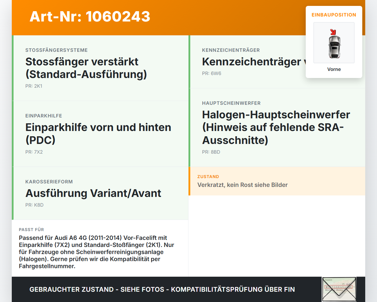 Audi A6 4G 11-14 Stoßstange Stoßfänger Frontschürze Vorne LX5R Audi A6 4G 11-14 11.04.2012 4G0807065A gebraucht Vorschau 3