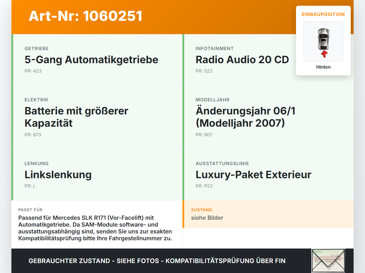 Mercedes SLK R171 04-08 1,8 120KW Sicherungskasten Zentralelektrik SAM Hinten Modul SG Mercedes SLK R171 04-08... Vorschau 3