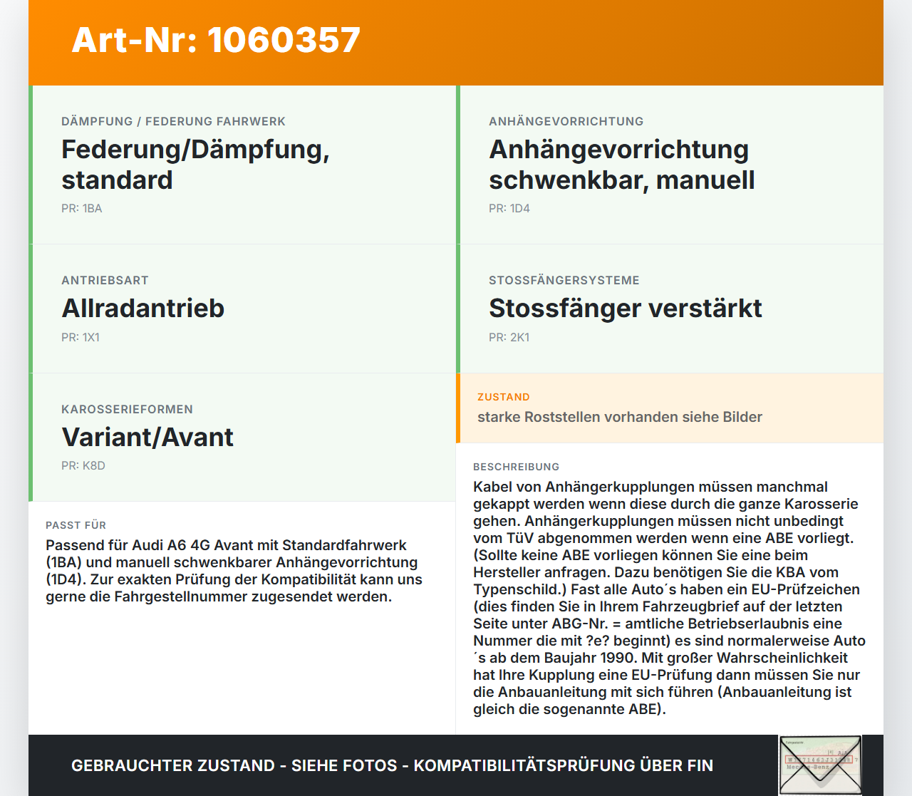Audi A6 4G 11-14 Kombi Anhängerkupplung AHK schwenkbar 13pol Audi A6 4G 11-14 11.04.2012 4G0800491Q 4G0800491N gebraucht Vorschau 3