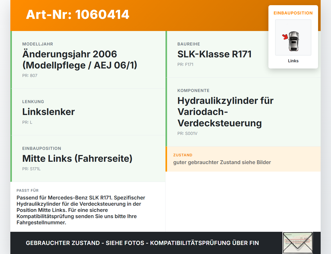 Mercedes SLK R171 04-08 Zylinder Hydraulikzylinder 2 Hydraulik für Verdeck Mitte Links Mercedes SLK R171 04-08... Vorschau 3