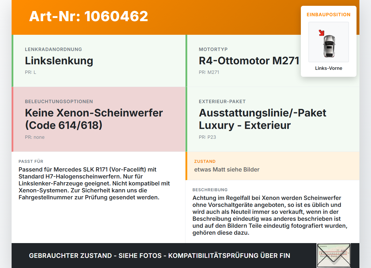 Mercedes SLK R171 04-08 Haupt- Scheinwerfer H7 Links Vorne Mercedes SLK R171 04-08 23.11.2006 A1718203161... Vorschau 3