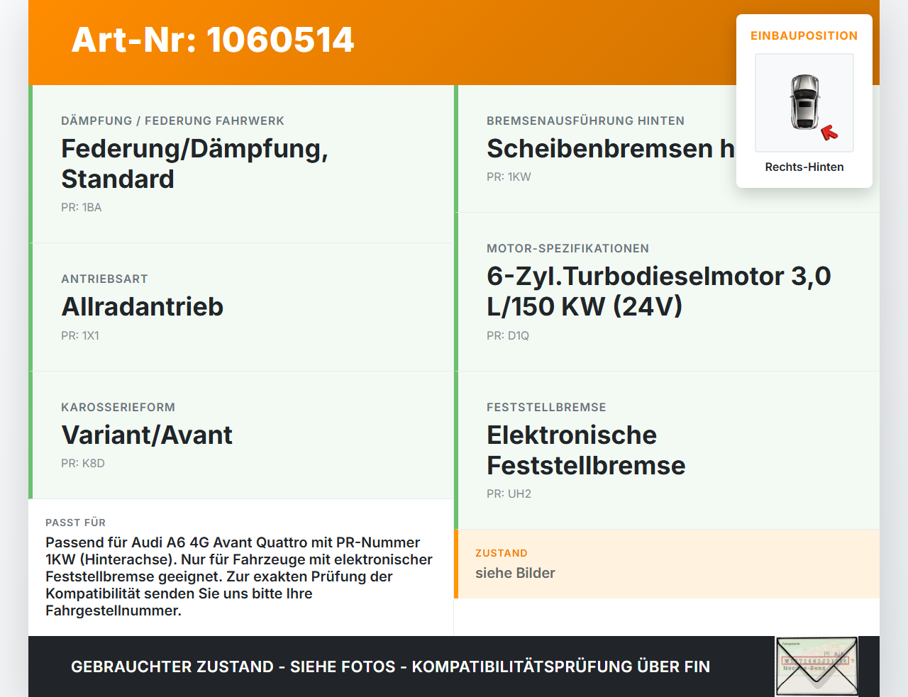 Audi A6 4G 11-14 3,0 150KW Bremssattel Bremszange Rechts Hinten Audi A6 4G 11-14 11.04.2012 4G0615404 gebraucht Vorschau 3