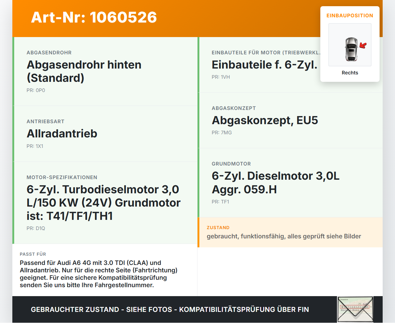 Audi A6 4G 11-14 3,0 150KW CLAA Abgaskrümmer mit Abgasrohr und Flexrohr Rechts Audi A6 4G 11-14 11.04.2012... Vorschau 3