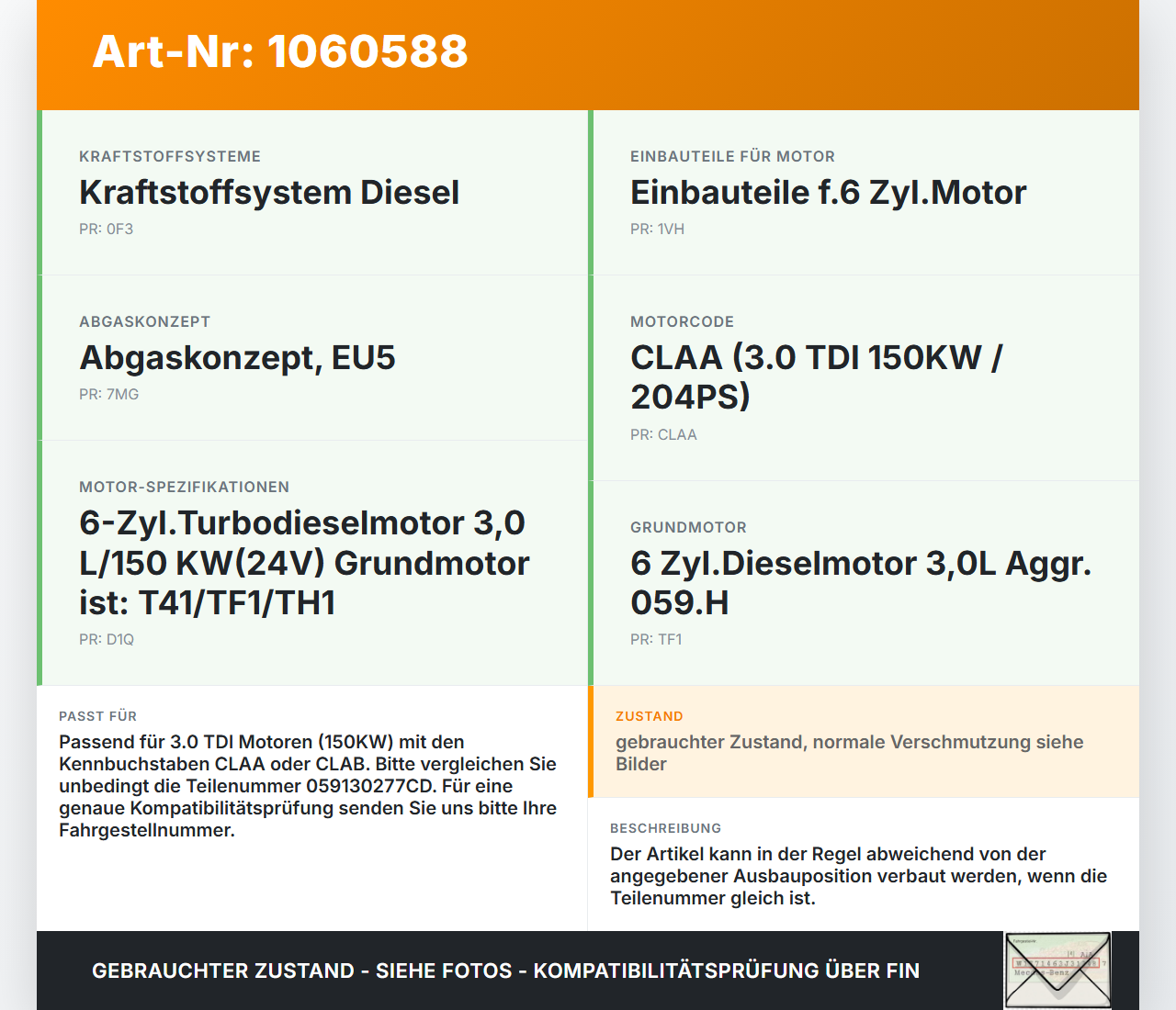 Audi A6 4G 11-14 3,0 150KW Injektor Einspritzdüse Audi A6 4G 11-14 11.04.2012 059130277CD 7RZIAAF gebraucht Vorschau 3