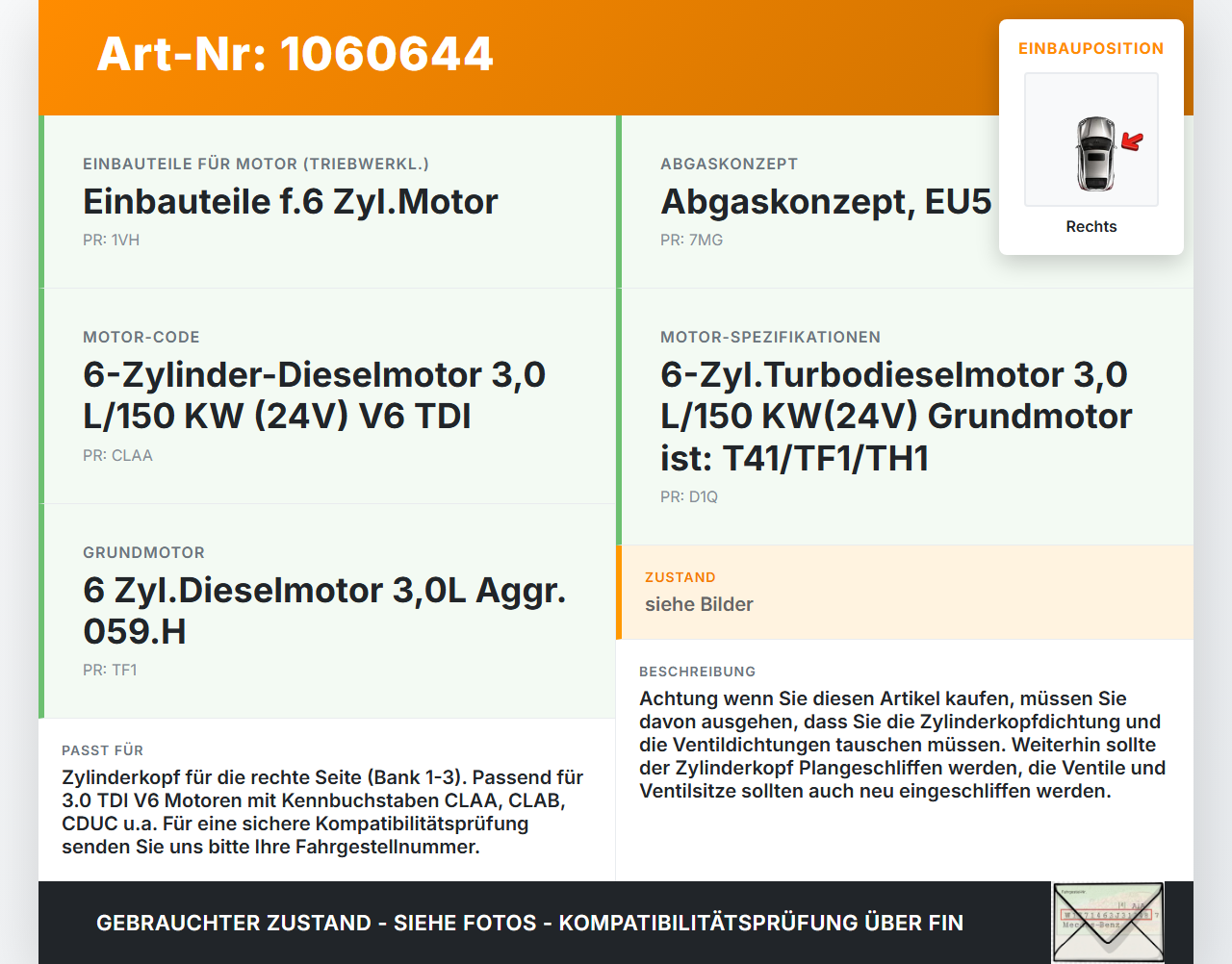 Audi A6 4G 11-14 3,0 150KW CLAA Zylinderkopf Rechts 1-3 Audi A6 4G 11-14 11.04.2012 059103263 359354DS 0904487 gebraucht Vorschau 3
