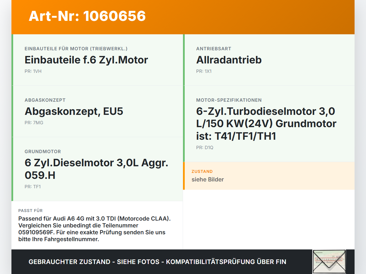 Audi A6 4G 11-14 3,0 150KW CLAA Zahnrad Audi A6 4G 11-14 11.04.2012 059109569F gebraucht Vorschau 3