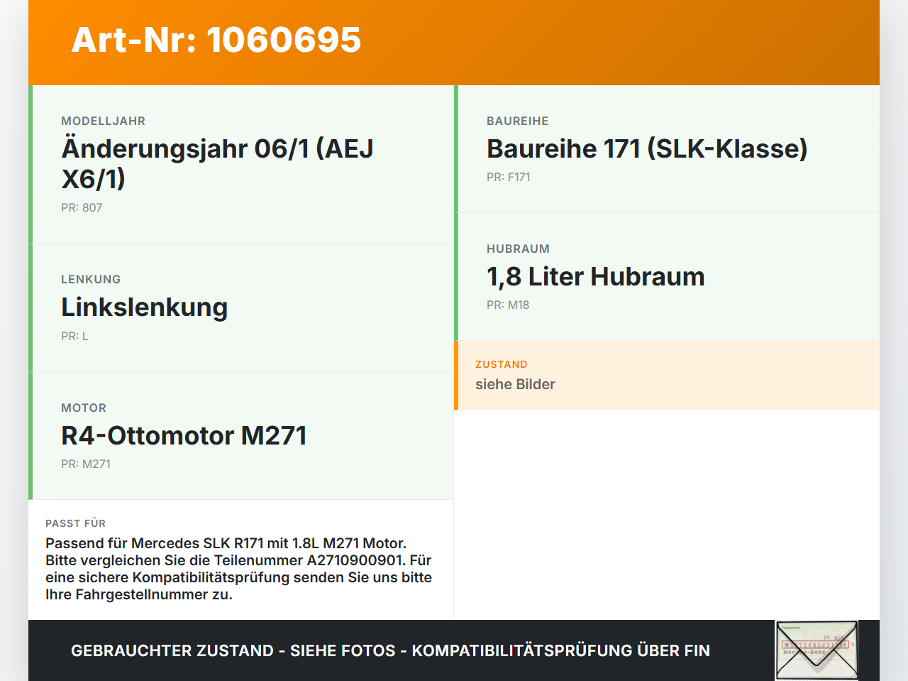 Mercedes SLK R171 04-08 1,8 120KW Luftfilterkasten Mercedes SLK R171 04-08 23.11.2006 A2710900901 gebraucht Vorschau 3