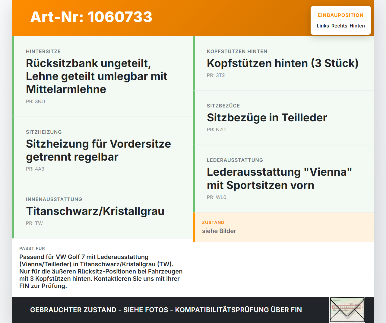 VW Golf 7 VII 5G 12-17 Kopfstütze Rechts oder Links Hinten VW Golf 7 VII 5G 12-17 22.11.2013 5G0885901AF gebraucht Vorschau 3