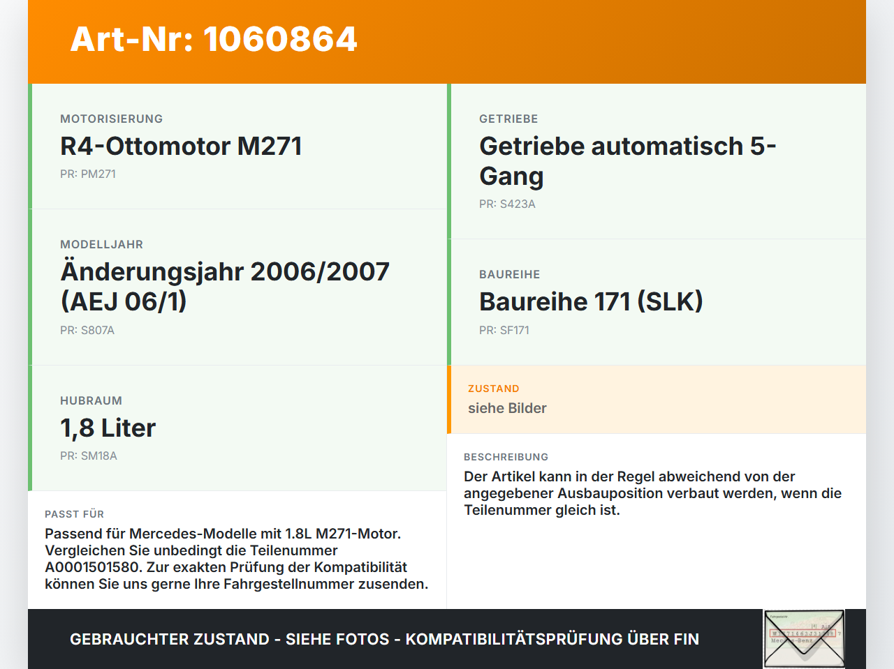 Mercedes SLK R171 04-08 1,8 120KW Zündspule Zyl.1 Mercedes SLK R171 04-08 23.11.2006 A0001502980 A0001501580... Vorschau 3