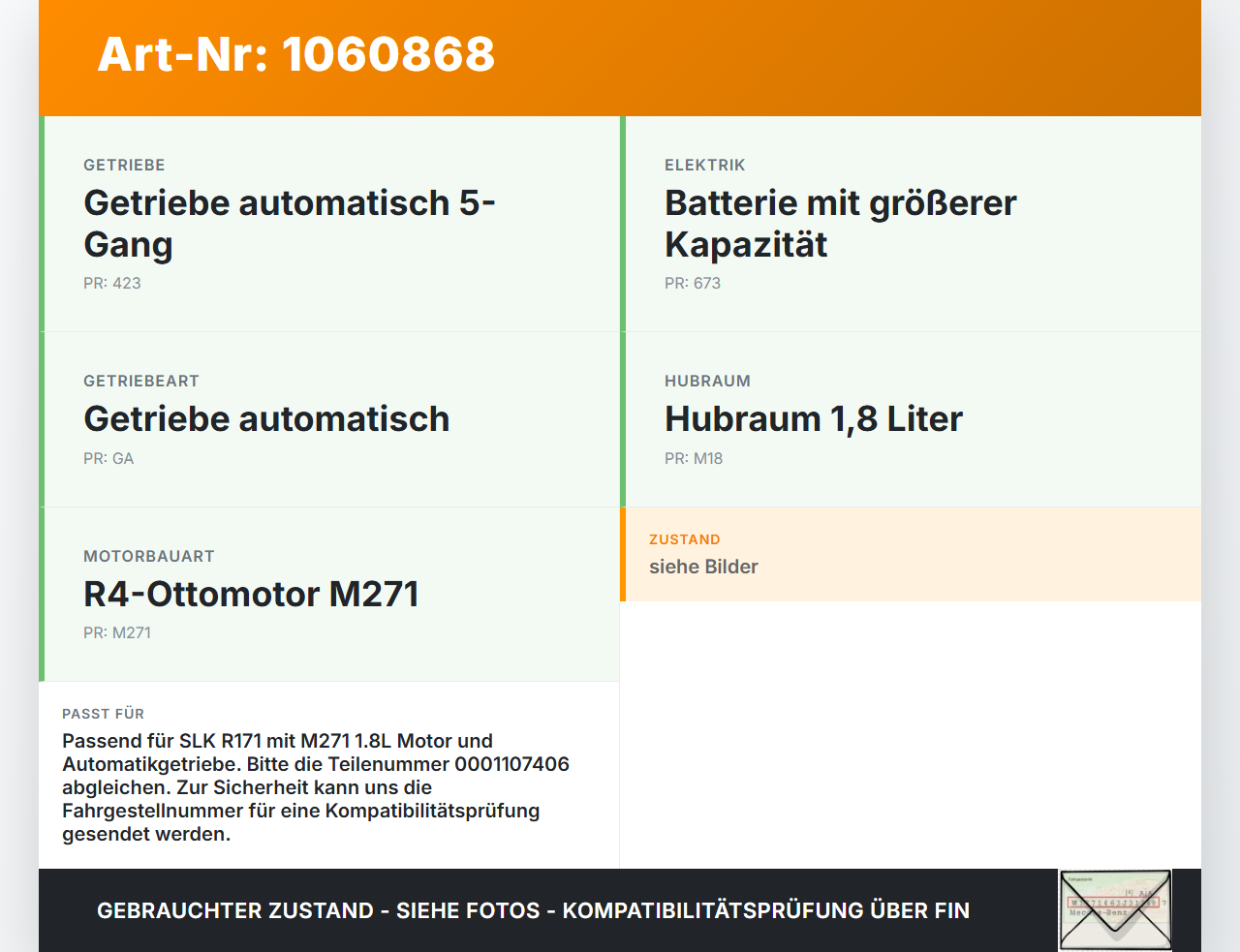 Mercedes SLK R171 04-08 1,8 120KW Autom Anlasser Starter Mercedes SLK R171 04-08 23.11.2006 A0051513901 0001107406... Vorschau 3
