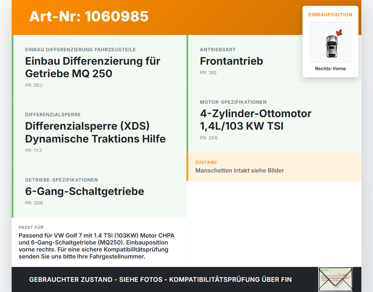 VW Golf 7 VII 5G 12-17 TSI 1,4 103KW Antriebswelle Gelenkwelle Rechts Vorne VW Golf 7 VII 5G 12-17 22.11.2013... Vorschau 3