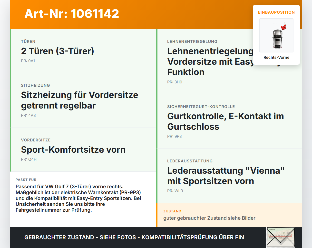VW Golf 7 VII 5G 12-17 3 Türer Gurtschloss Gurtaufnahme Rechts Vorne VW Golf 7 VII 5G 12-17 22.11.2013 5G3857755C... Vorschau 3