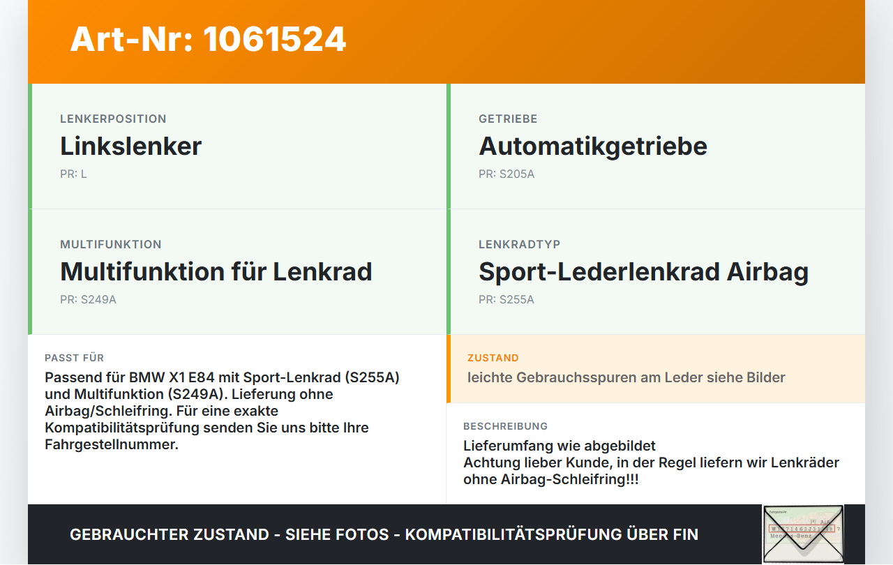 BMW X1 E84 12-15 Lenkrad Airbaglenkrad Leder BMW X1 E84 12-15 29.04.2015 2157307 32302157307 gebraucht Vorschau 3
