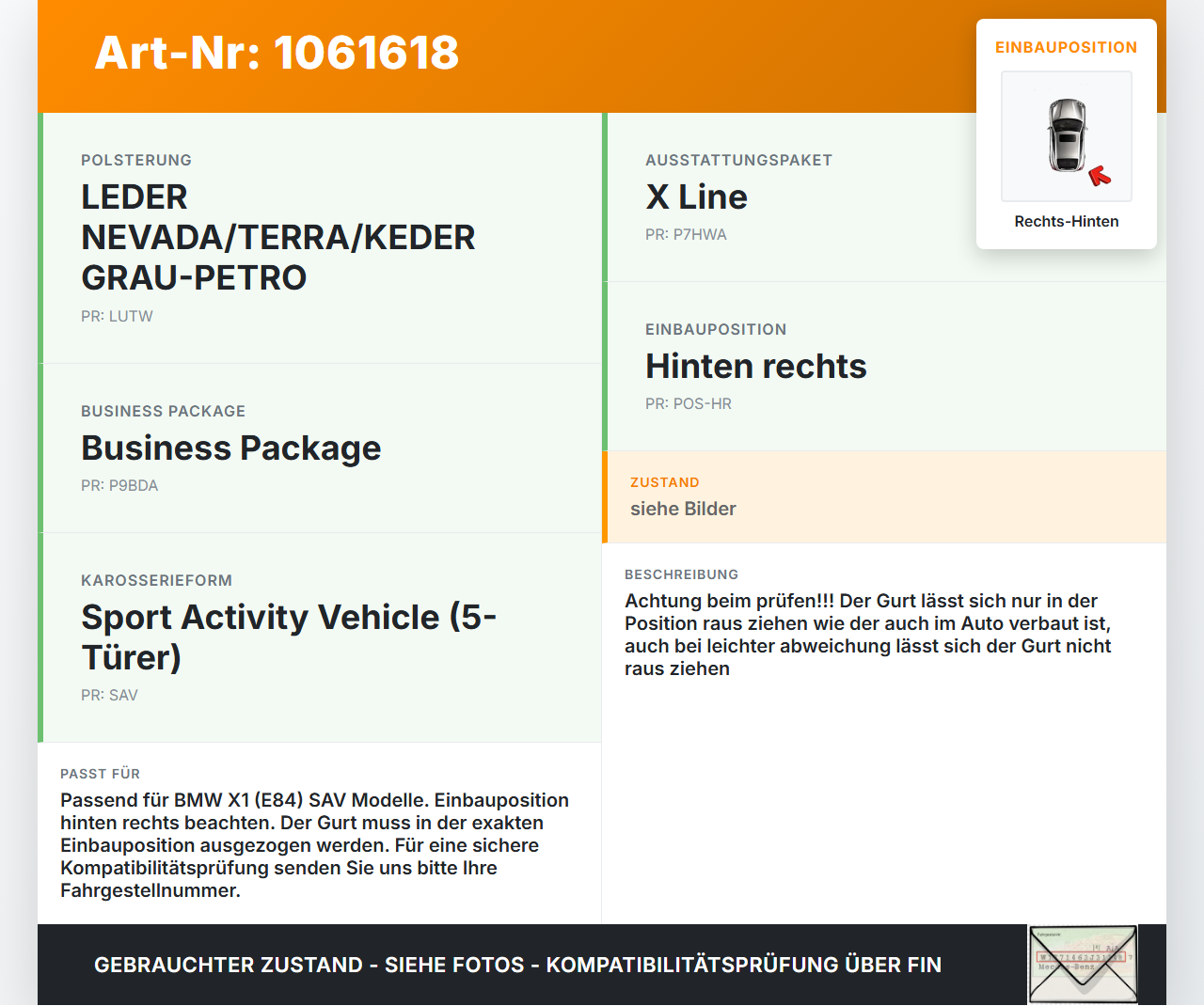 BMW X1 E84 12-15 KombiLim Gurt Sicherheitsgurt Rechts Hinten BMW X1 E84 12-15 29.04.2015 2991295 72112991295 gebraucht Vorschau 3